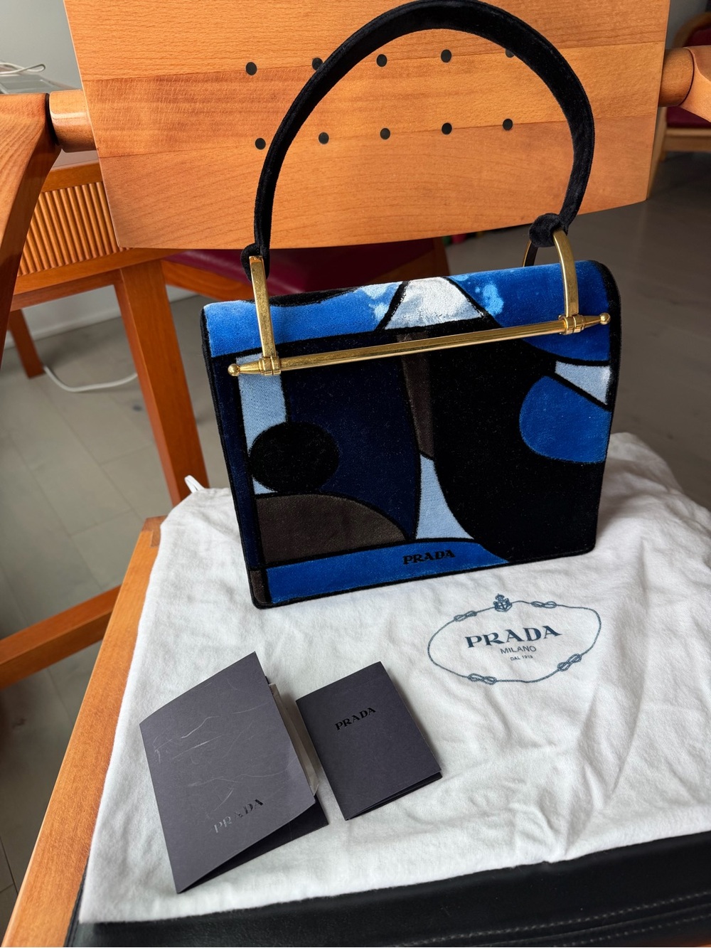 Prada Blue and Black Velvet Shoulder Bag with Abstract Face Motif - Picture 2 of 6